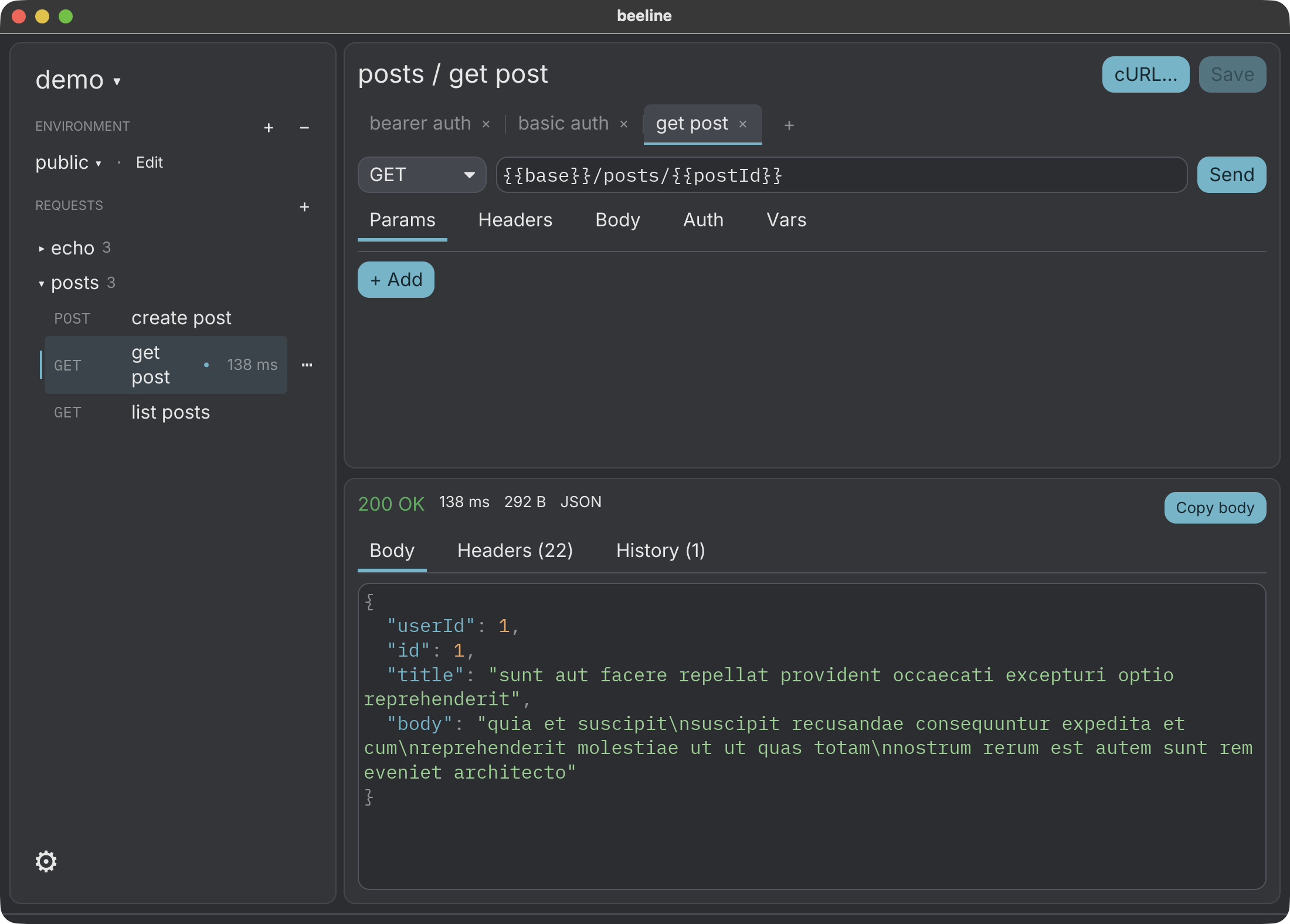 beeline with a GET request open and a colour-highlighted JSON response